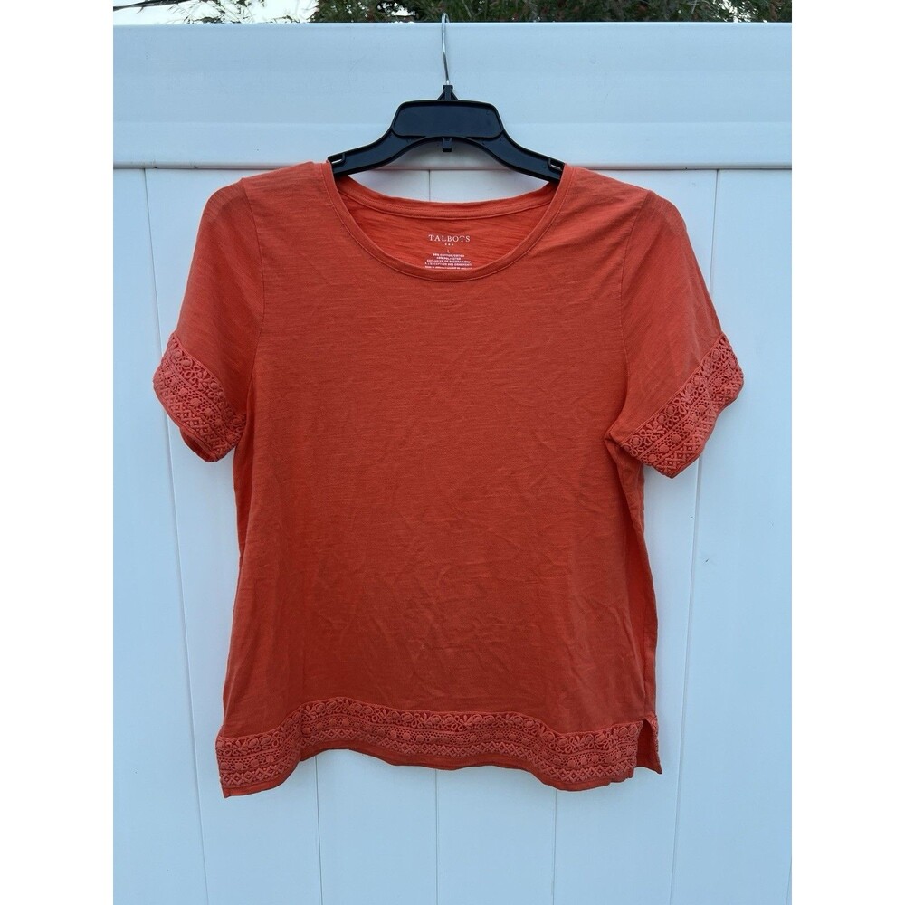 Talbots Orange Knit Crochet Pullover Top Short Sleeve Sz Large Cotton